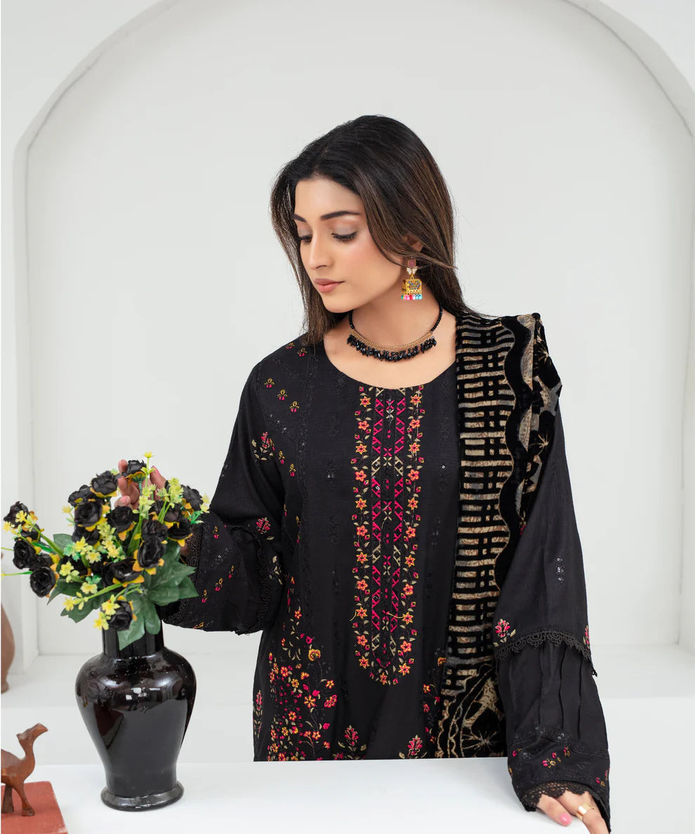 CREATION Dhanak 3PC Chikankari Embroidered Shirt With Velvet Plachi Shawl- 2101