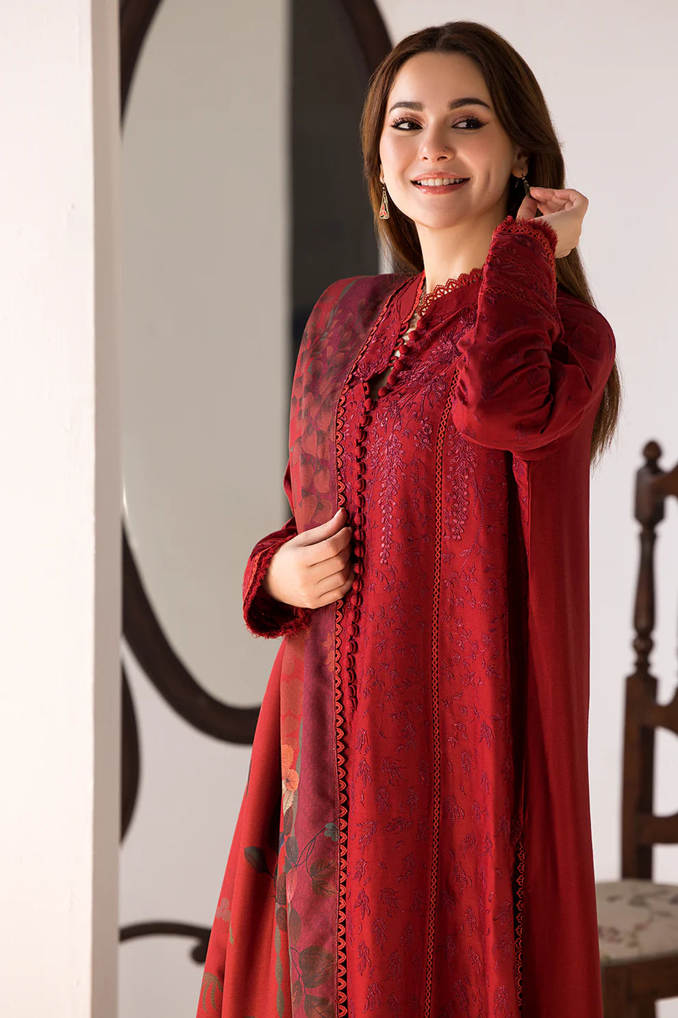 SOBIA NAZIR - 3PC DHANAK EMBROIDERED SHIRT WITH TWILL PRINTED SHAWL AND TROUSER-688