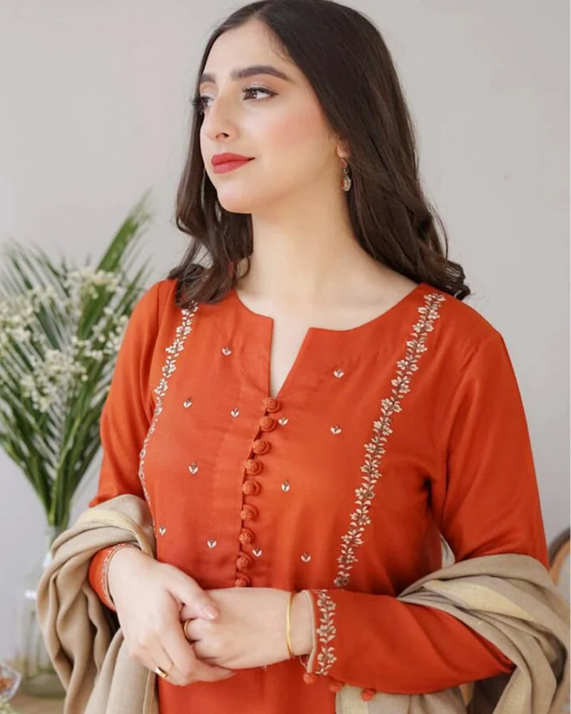 AISLING Dhanak 3PC Embroidered With Wool Shawl-1291
