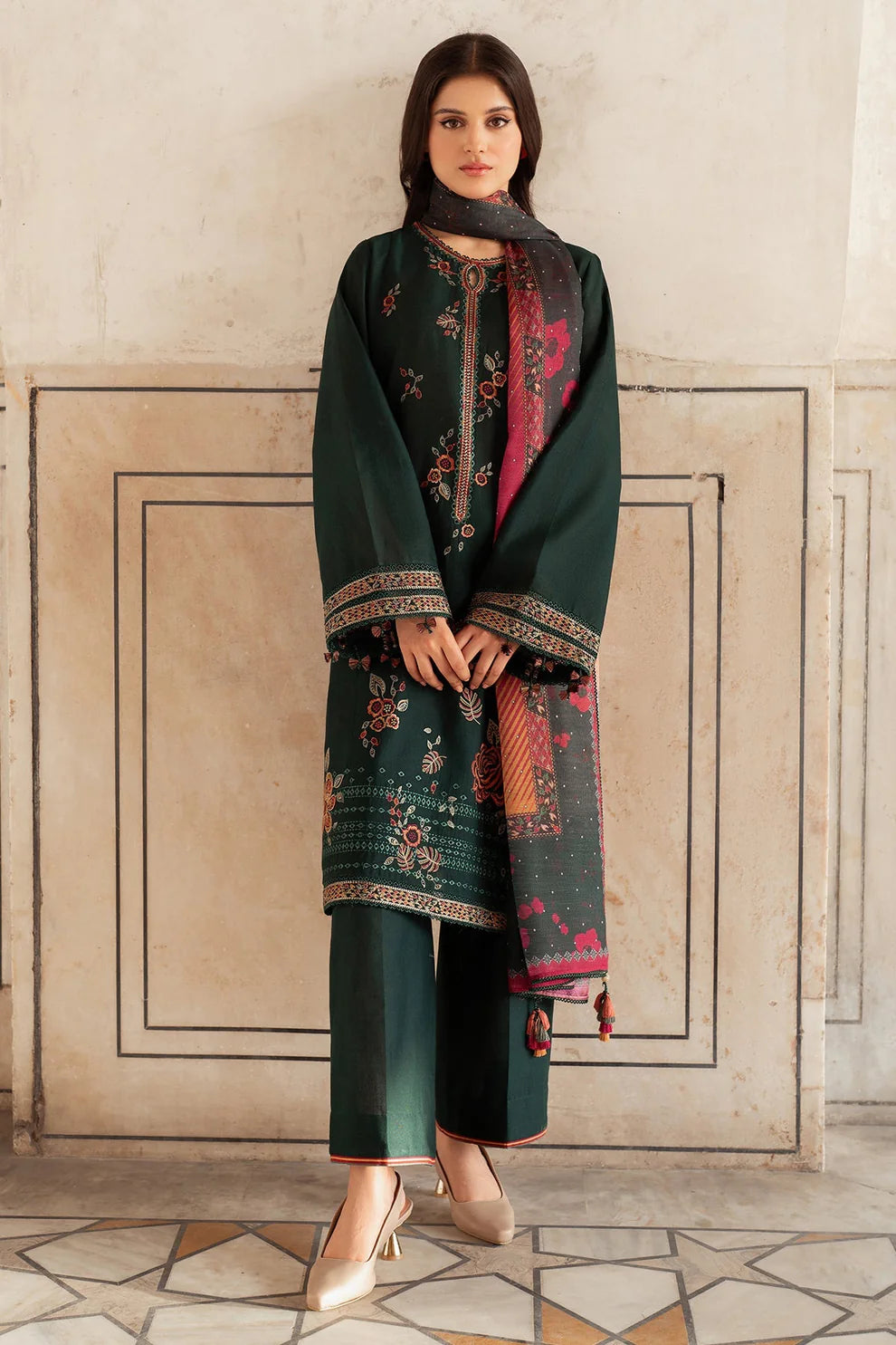 JAZMIN-3PC Dhanak Embroidered Shirt With Digital Printed Shawl-133