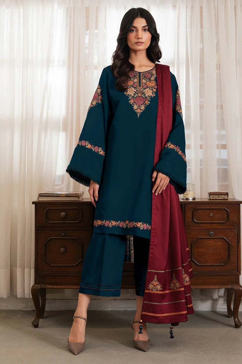 Dhanak-3PC Embroidered Shirt with Digital Printed Wool Shawl - 3495