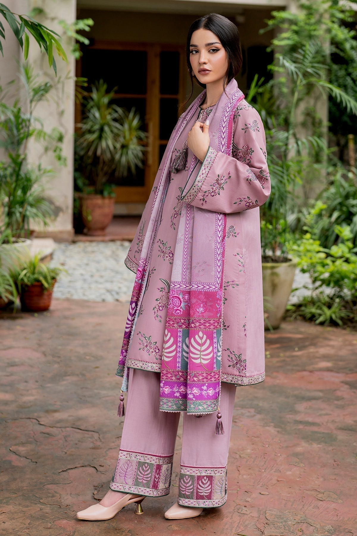 JAZMIN  3PC Dhanak Embroidered Shirt With Digital Printed Shawl-288