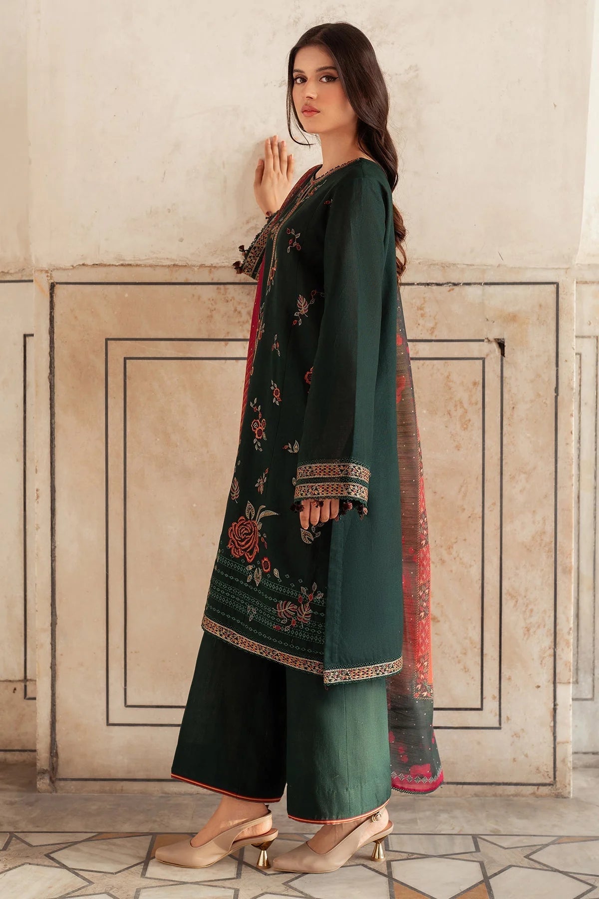 JAZMIN-3PC Dhanak Embroidered Shirt With Digital Printed Shawl-133