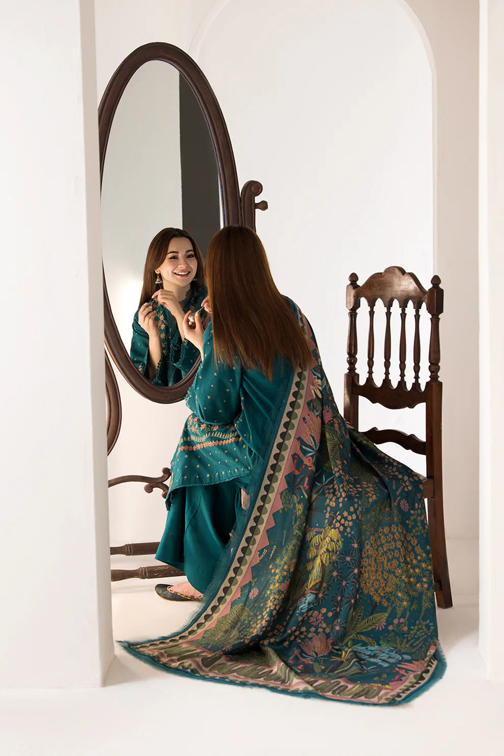 SOBIA NAZIR - 3PC DHANAK EMBROIDERED SHIRT WITH TWILL PRINTED SHAWL AND TROUSER-685