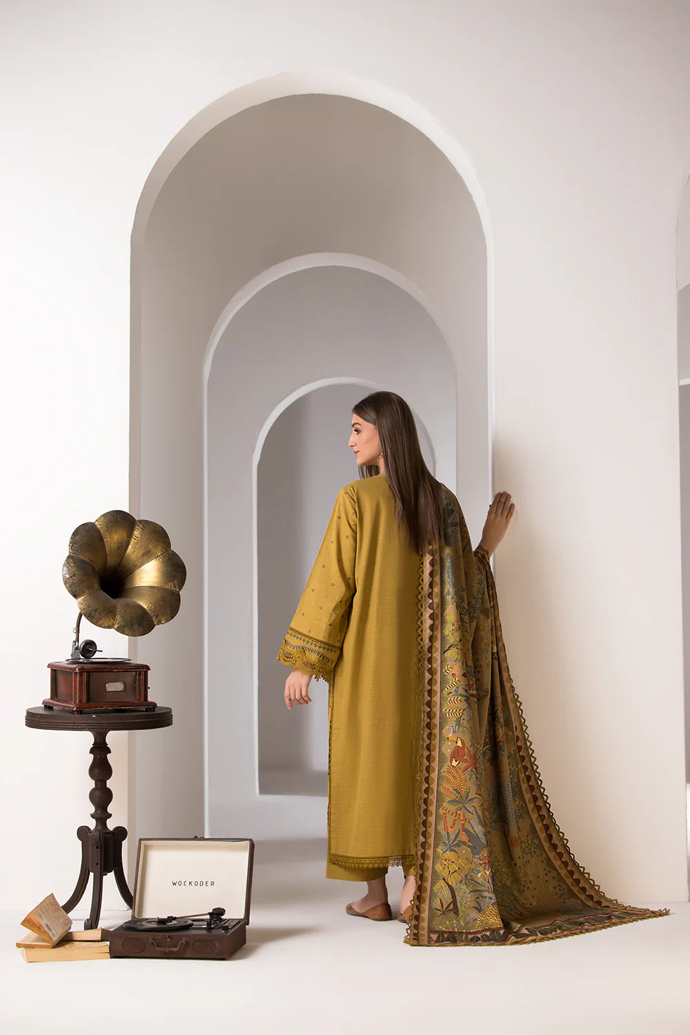 SOBIA NAZIR - 3PC DHANAK EMBROIDERED SHIRT WITH TWILL PRINTED SHAWL AND TROUSER-686