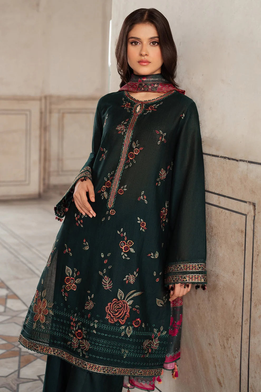 JAZMIN-3PC Dhanak Embroidered Shirt With Digital Printed Shawl-133