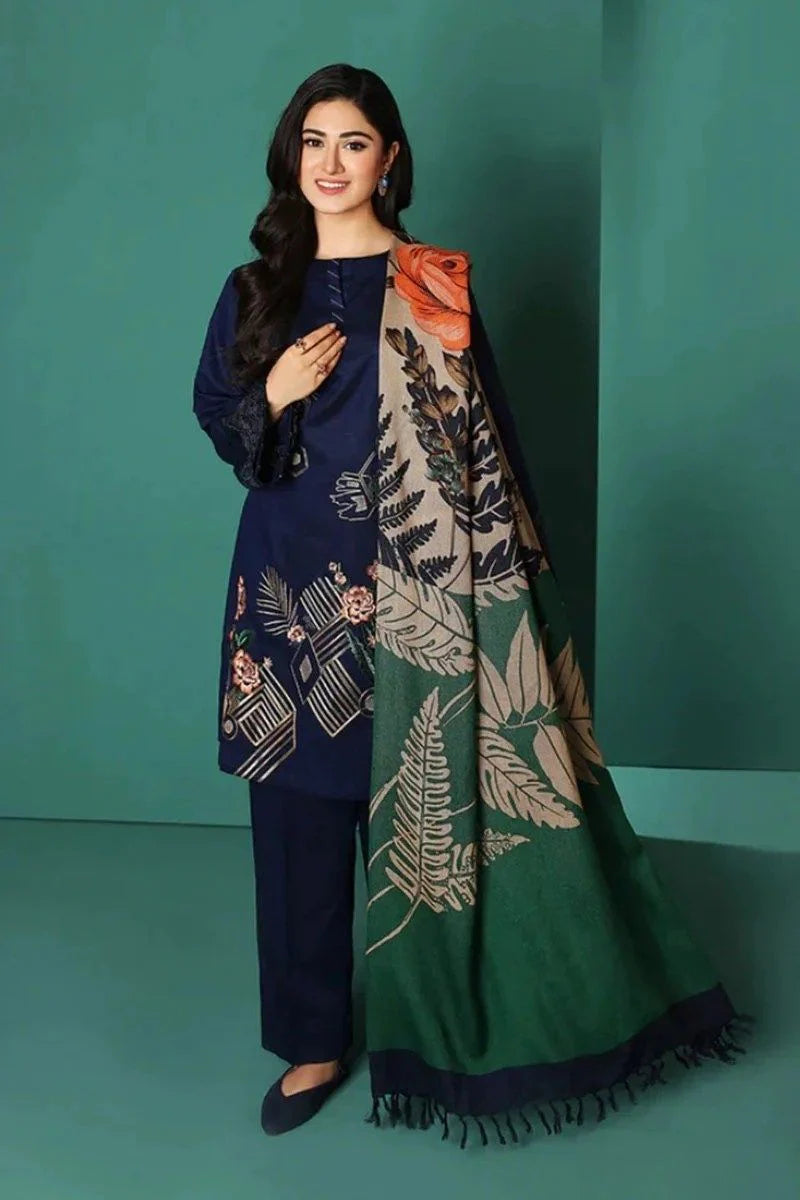 Dhanak-3PC Embroidered Shirt with Digital Printed Wool Shawl - 3208