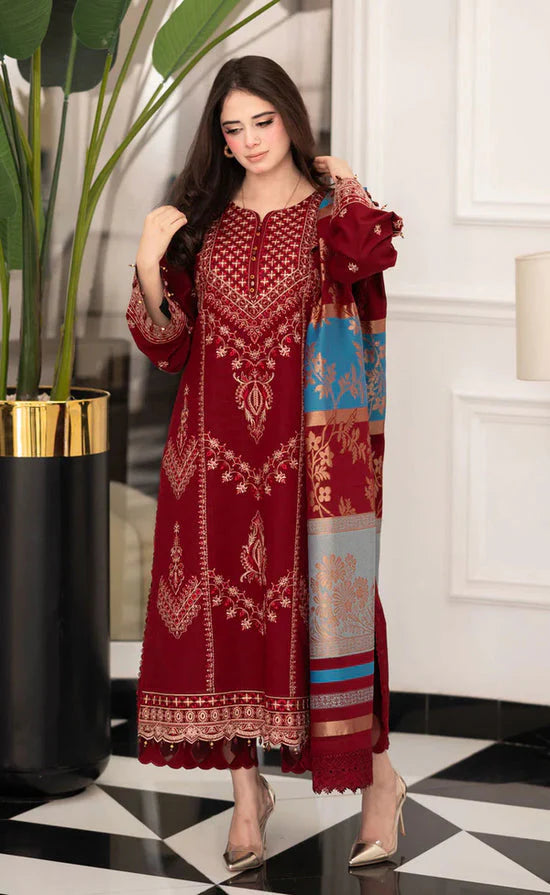 Dhanak-3PC Embroidered Shirt with Digital Printed Wool Shawl - 3527