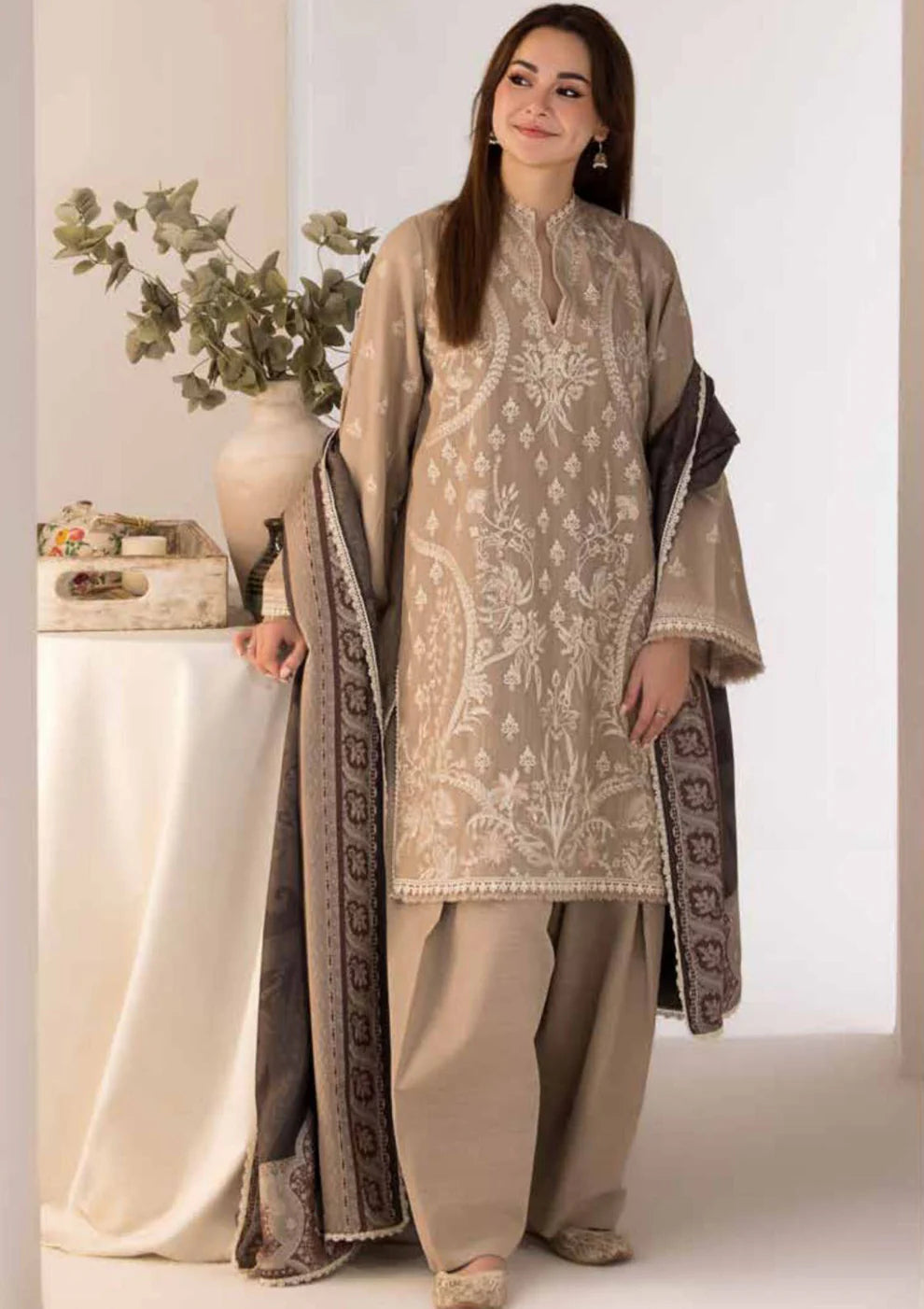 SOBIA NAZIR - 3PC DHANAK EMBROIDERED SHIRT WITH DIGITAL PRINTED SHAWL AND TROUSER-692