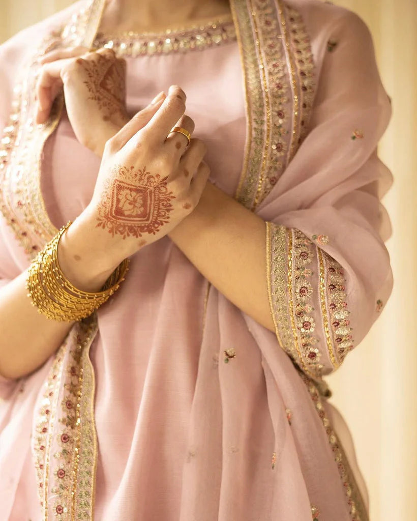 Dhanak-3PC Embroidered Shirt with Organza Sequins Embroidered Dupatta- 3342