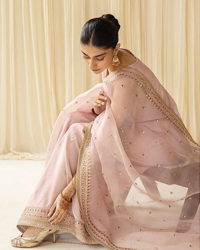 Dhanak-3PC Embroidered Shirt with Organza Sequins Embroidered Dupatta- 3342