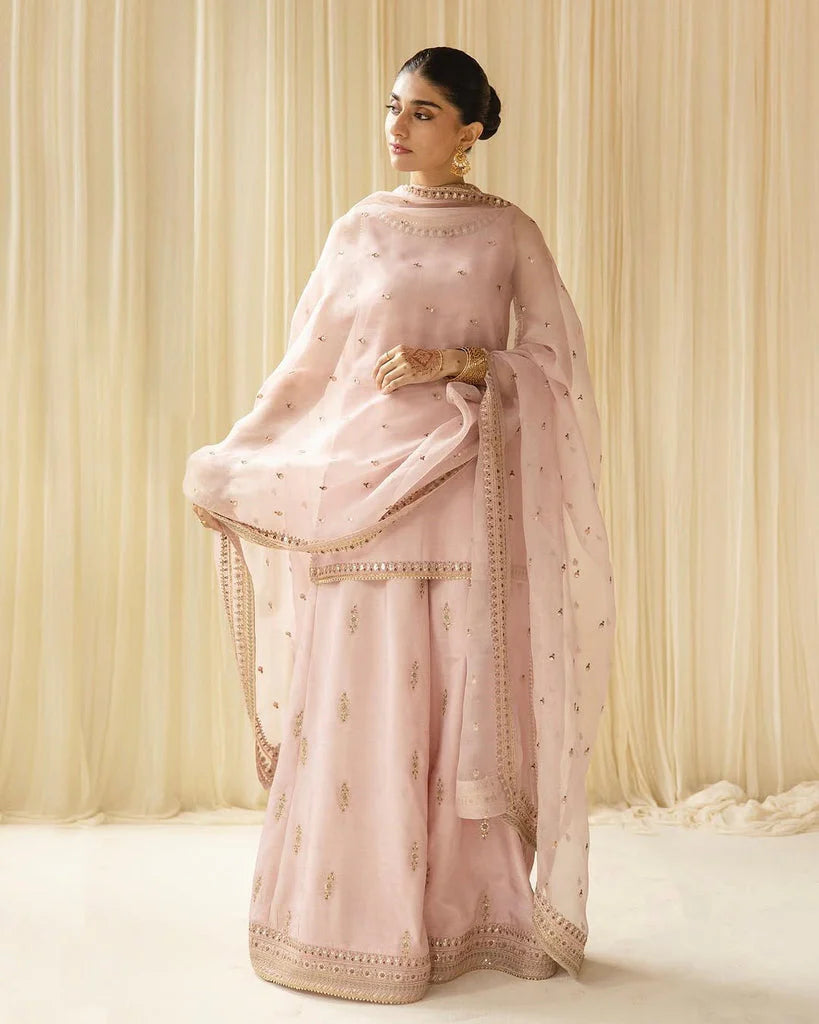 Dhanak-3PC Embroidered Shirt with Organza Sequins Embroidered Dupatta- 3342