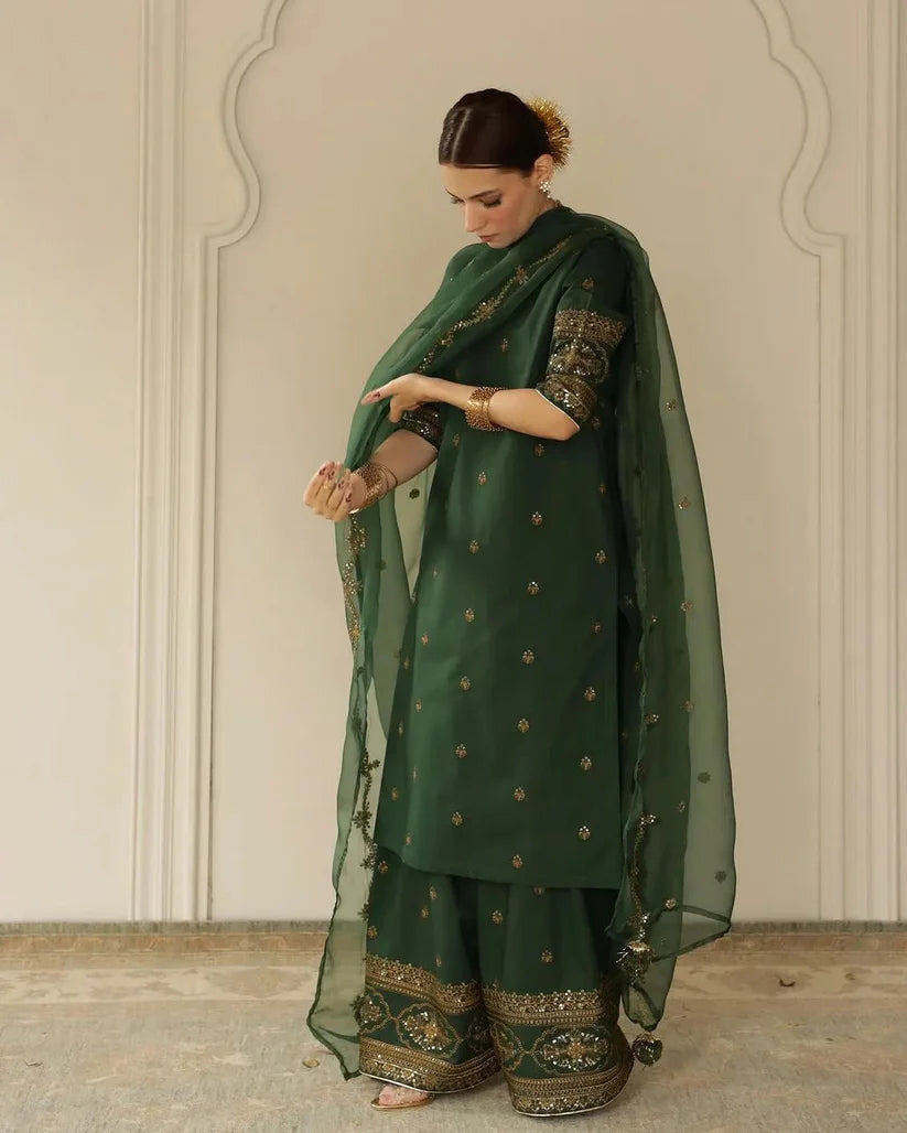 Dhanak-3PC Embroidered Shirt with Organza Sequence Embroidered Dupatta - 3444