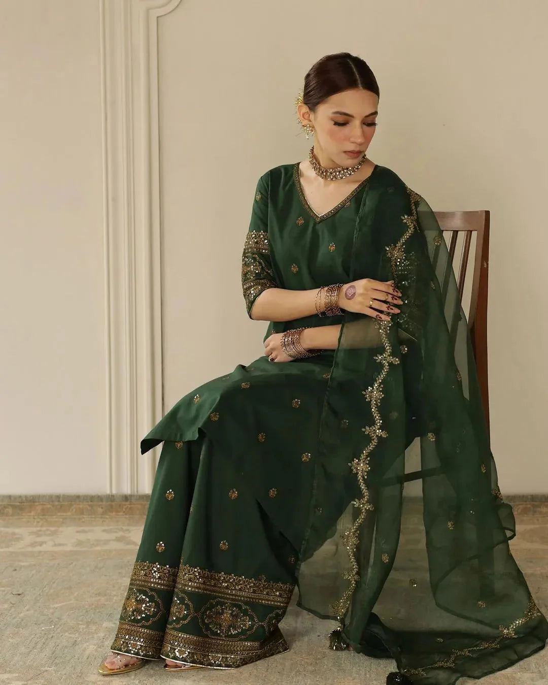 Dhanak-3PC Embroidered Shirt with Organza Sequence Embroidered Dupatta - 3444