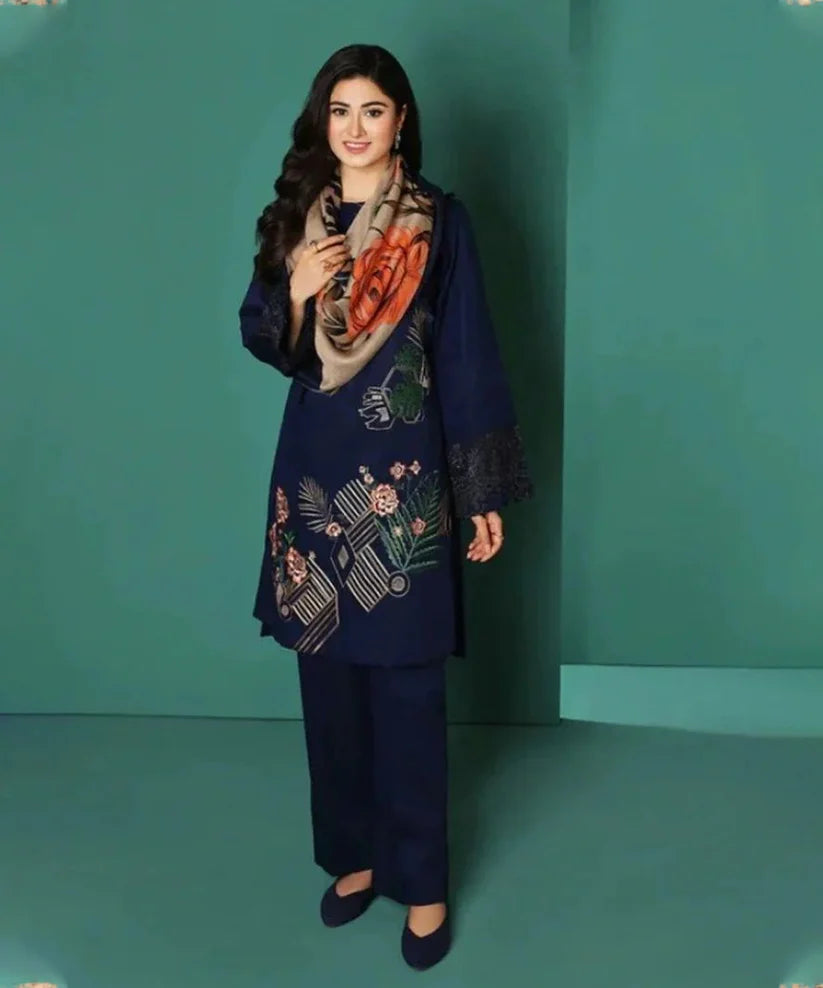Dhanak-3PC Embroidered Shirt with Digital Printed Wool Shawl - 3208